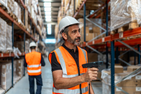 Warehouse worker wearing a white hard hat and orange safety vest scanning a package with a handheld barcode scanner while working in a logistics distribution centerの写真素材