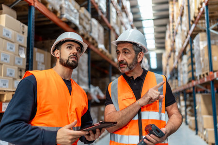 Two male warehouse workers wearing safety vests and hard hats discussing inventory with a digital tablet and barcode scanner, standing between tall racks of stacked boxesの写真素材