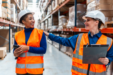 Two diverse women warehouse workers in safety vests and hard hats smiling and collaborating, discussing inventory and operations in a modern logistics environmentの写真素材