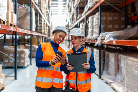 Two women warehouse workers in safety hats and vests are collaborating, scanning inventory with a barcode reader and checking a clipboard in a logistics distribution centerの写真素材