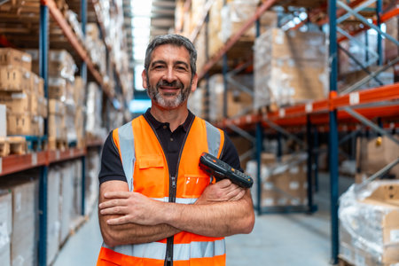 Logistics worker in safety vest stands confidently with arms folded and barcode scanner in hand, smiling in a brightly lit warehouse aisle lined with stocked shelvesの写真素材