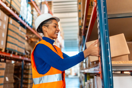 Smiling young woman, wearing a safety helmet and high visibility vest, arranging cardboard boxes on shelves in a busy modern logistics warehouse, focusing on efficient storage and distributionの写真素材