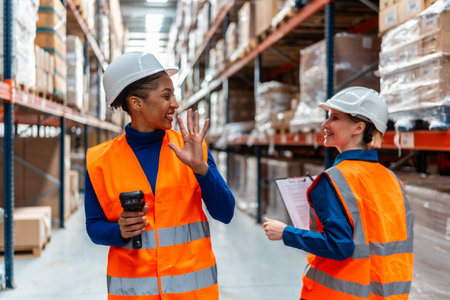 Two smiling female logistics workers wearing hard hats and safety vests collaborating while working in a modern distribution warehouse, discussing tasks and scanning inventoryの写真素材
