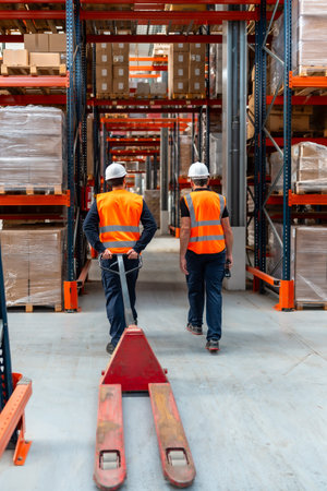 Warehouse workers in safety vests and hard hats navigating through industrial shelving with a pallet...
