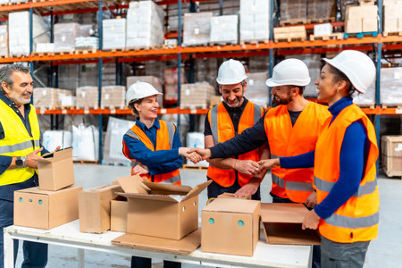 Diverse group of logistics workers shaking hands in a busy distribution warehouse, celebrating a successful collaboration and partnership for efficient supply chain managementの写真素材