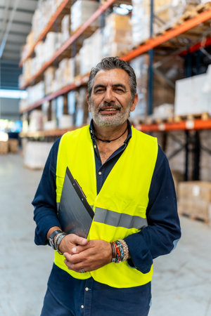 Mature warehouse manager smiling in safety vest with clipboard, standing confidently in busy aisle among pallets and shelves full of inventory, representing efficient logisticsの写真素材