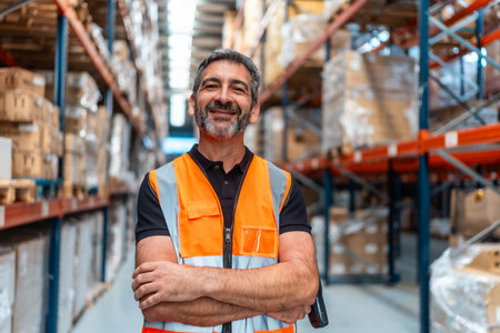 Hispanic male worker wearing a safety vest and holding a scanner in a large distribution warehouse,...