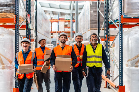 Happy multi ethnic logistics team and manager in helmets and reflective vests walking warehouse aisle with boxes and parcels, smiling and demonstrating efficient teamwork and supply chain operationsの写真素材