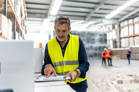 Experienced manager wearing a high visibility safety vest confirming details on a clipboard while standing in a busy logistics warehouse, overseeing stock and supply chain operationsの写真素材