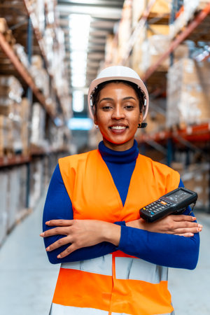 African american woman worker wearing a safety vest and hard hat, holding a portable scanner, standing proudly with arms crossed in a large modern logistics warehouseの写真素材