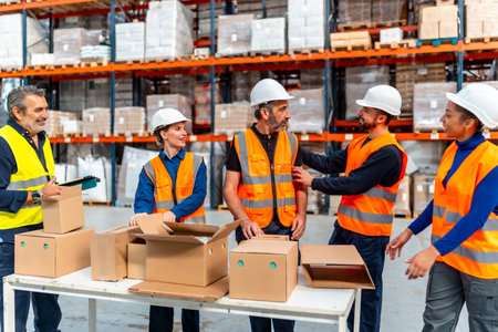Diverse team of warehouse workers wearing safety vests and hard hats collaborating while packing cardboard boxes on a table in a busy logistics distribution centerの写真素材