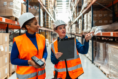 Diverse team of women workers wearing safety vests and hard hats, collaborating and pointing to racks, managing inventory and operations in a large distribution warehouseの写真素材