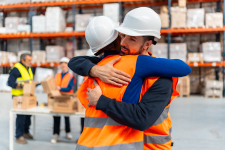 Two diverse warehouse workers wearing safety vests and hardhats embracing in a logistics facility, symbolizing unity, support, and a strong sense of camaraderie among colleaguesの写真素材