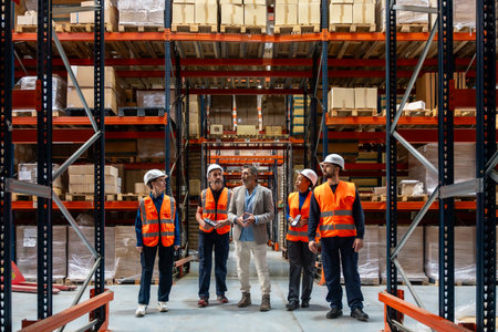 Diverse team of logistics workers and a manager discussing operations and inventory control inside a large industrial warehouse with high shelving racks full of packaged goodsの写真素材