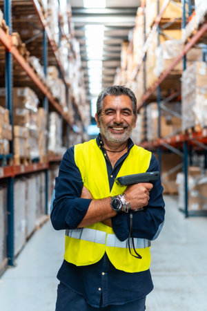 Experienced warehouse professional in a high visibility vest, smiling confidently with folded arms and barcode scanner in a neat logistics distribution aisle, ready for inventory operationsの写真素材