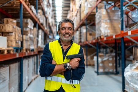 Warehouse manager or employee standing confidently with folded arms, holding a barcode scanner while smiling at the camera, surrounded by racks of inventory in a large distribution facilityの写真素材