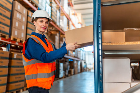 Woman worker wearing safety helmet and reflective vest, putting a cardboard box on a shelf in a...