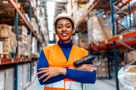 Female logistics operator wearing safety vest and hard hat, standing confidently with a barcode scanner in a modern distribution warehouse full of racks and inventoryの写真素材