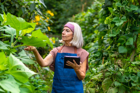 Senior woman farmer in apron inspecting organic plants in a garden, using a tablet to monitor growth and record data for sustainable, modern small scale farming practicesの写真素材