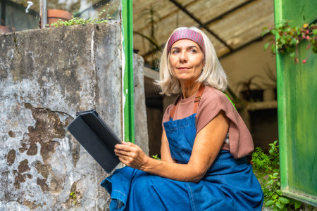 Senior woman in apron sitting by a greenhouse entrance, holding a digital tablet and looking thoughtfully, managing her small business and plant inventoryの写真素材