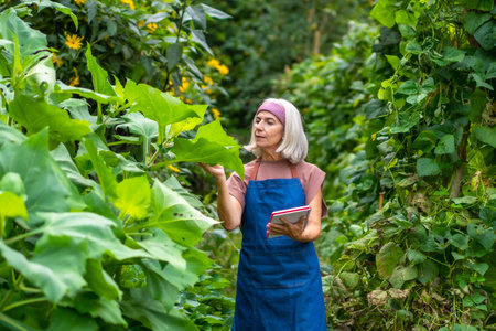 Senior woman in an apron checking plant leaves and holding a digital tablet, demonstrating organic farming and sustainable agriculture practices in a lush outdoor gardenの写真素材