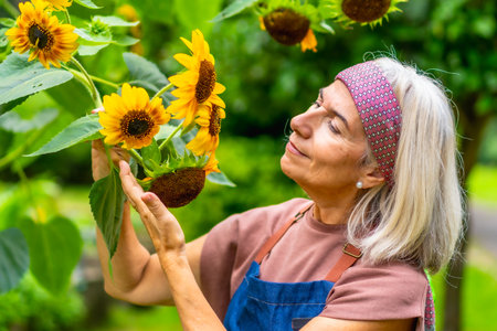 Senior woman finding joy and fulfillment in her gardening hobby, gently touching vibrant sunflowers while spending time outdoors in her lush green gardenの写真素材