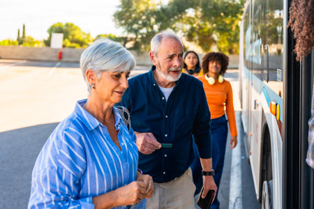Senior couple approaching a bus entrance, showing a man holding a ticket while waiting in line with other diverse passengers for public transportationの写真素材