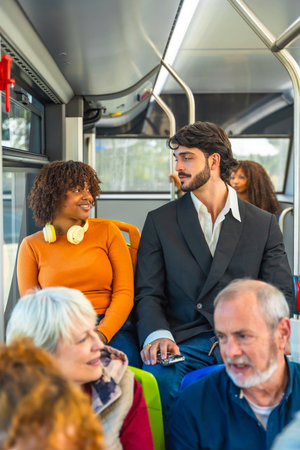 Diverse group of bus passengers traveling together, including a young African American woman wearing headphones talking with a man, and senior adults seated in the foregroundの写真素材