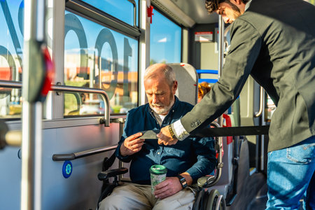 Younger man assisting a senior man in a wheelchair by securing his safety belt, ensuring accessibility, mobility, and safety for passengers on a public transport busの写真素材