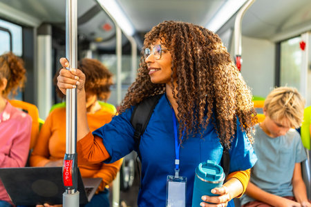 Healthcare professional with curly hair standing in a public transport bus, wearing scrubs while...