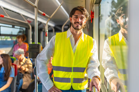 Young man wearing a bright yellow safety vest and white shirt, smiling at the viewer while traveling on a public transport bus with other passengers in the backgroundの写真素材