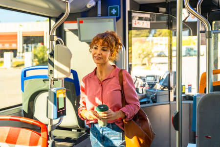 Woman standing on a city bus during the morning commute, holding a reusable coffee cup and brown shoulder bag, smiling and looking forward while traveling through an urban routeの写真素材
