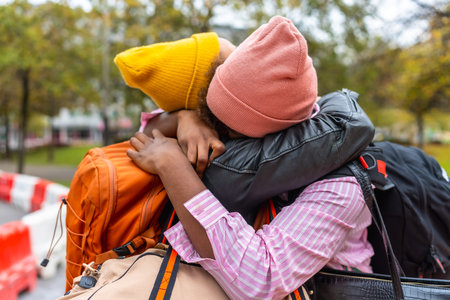 Two young adults are sharing a close, emotional embrace outdoors, holding onto each other with...