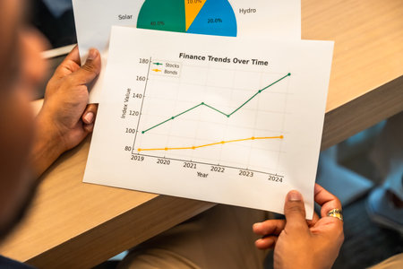 Person reviewing printed financial report showing investment trends, stock and bond performance graphs, and a pie chart of energy sources on an office deskの写真素材