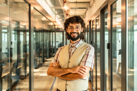 Young male business professional with curly hair and beard smiling for the camera while standing confidently with crossed arms in a contemporary corporate office or coworking space hallwayの写真素材