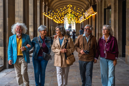 Group of five senior friends walking together arm in arm under an ornate archway with decorative lights, sharing conversation and exploring the city during their tripの写真素材