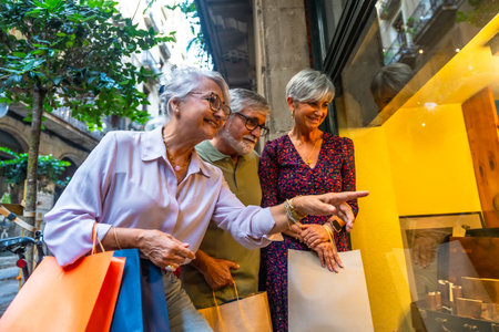 Three happy senior friends, two women and one man, standing on a city street, carrying shopping bags and pointing at items in a store window, enjoying their leisure time togetherの写真素材