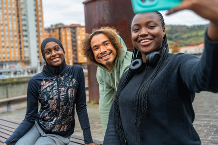 Three smiling diverse young adults enjoying friendship and taking a selfie outdoors in an urban setting, wearing activewear and showing cheerful expressionsの写真素材