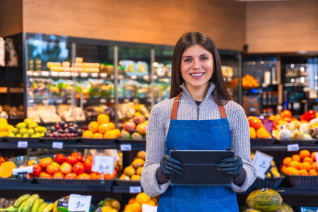 Smiling woman wearing an apron and gloves handling a digital tablet in a grocery store, representing retail business management, customer service, and fresh organic produceの写真素材