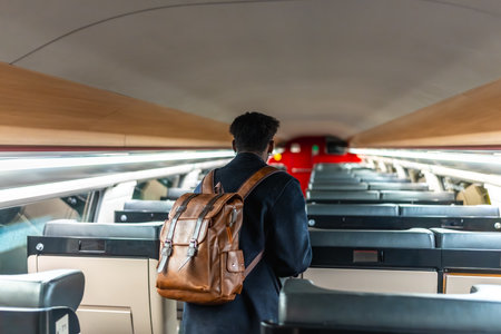 Young black man walks down an empty modern train carriage with a brown leather backpack, commuting or traveling for business while searching for a seat, independent and focusedの写真素材