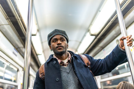 Young black man in winter coat and hat stands holding a subway pole on a crowded subway, looking...