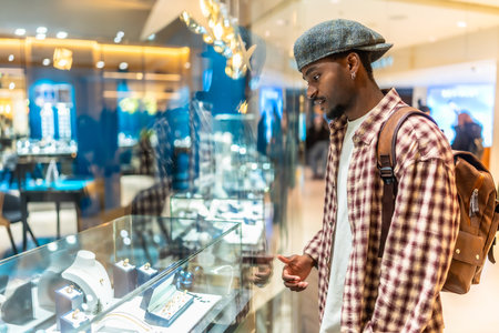 Young black man wearing a plaid shirt and cap intently looking at a display case filled with expensive jewelry, expressing desire and aspirations while shopping in a modern mallの写真素材