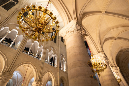 Notre dame cathedral interior showcasing large ornate golden chandeliers illuminating the grand gothic architecture, intricate arches, and towering columns with vaulted ceilingsの写真素材