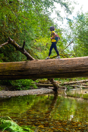 Female hiker carefully walks across a fallen tree trunk spanning a pristine river. Surrounded by the vibrant greenery of a lush forest. Demonstrating a spirit of adventure and connection with natureの写真素材