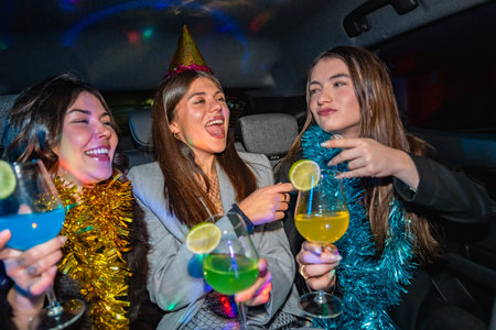 Three young women are happily celebrating a party in a car, enjoying colorful cocktails and good times under vibrant disco lights, creating a festive atmosphereの写真素材