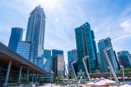 Glass skyscrapers and modern architecture dominate the skyline of Vancouver, British Columbia, on a...
