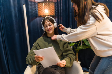 Content creator preparing for podcast recording in a professional studio, wearing headphones and holding a script while a sound technician adjusts her lavalier microphoneの写真素材