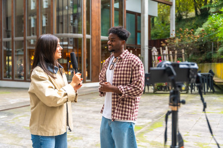 Female reporter holding a microphone, interviewing a smiling young african american man outdoors while a video camera records the interaction on a tripod, capturing live contentの写真素材