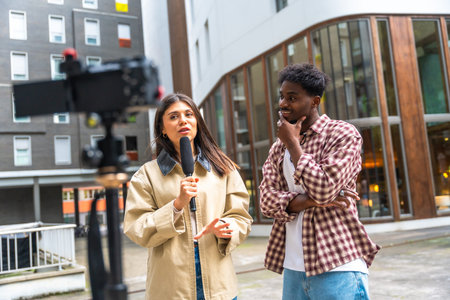 Female journalist holding a microphone and gesturing while interviewing a young man on a city street, documenting current events for a live news broadcastの写真素材