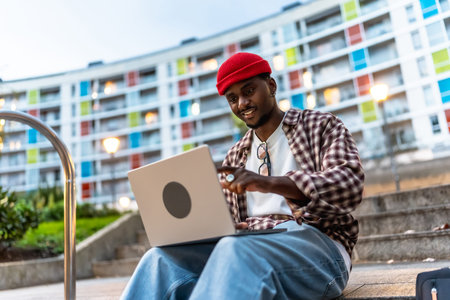 Young black man in casual clothing using a laptop while sitting on steps in an urban setting,...